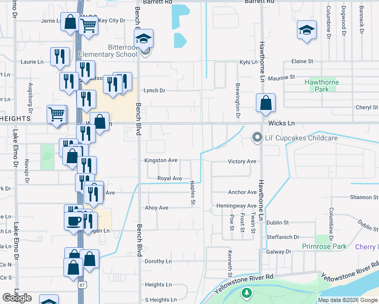 map of restaurants, bars, coffee shops, grocery stores, and more near 1427 King Richard Street in Billings