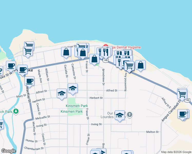map of restaurants, bars, coffee shops, grocery stores, and more near 504 Wilbert Street in Pembroke