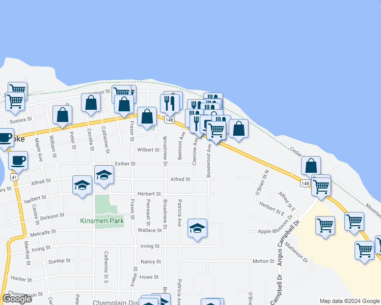 map of restaurants, bars, coffee shops, grocery stores, and more near 228 Clemow Avenue in Pembroke