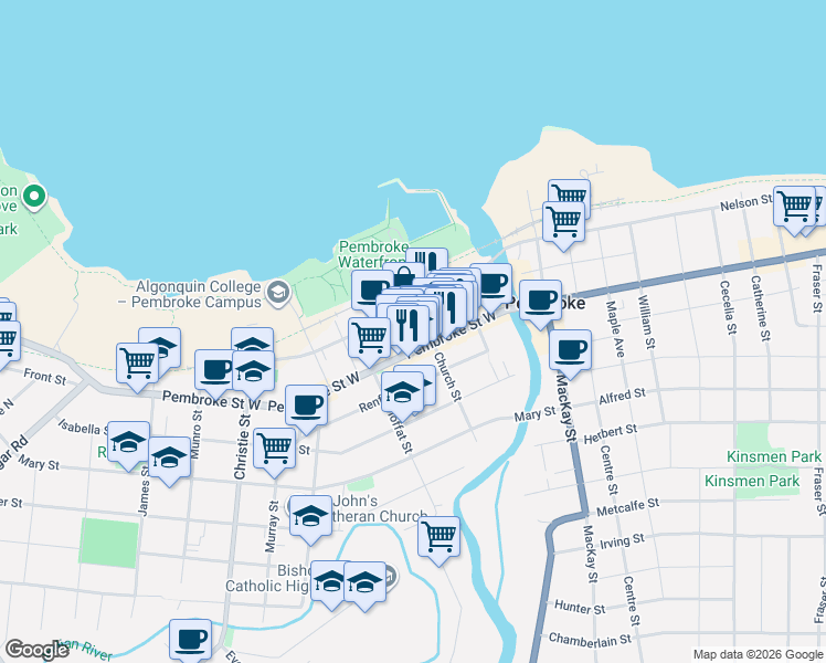 map of restaurants, bars, coffee shops, grocery stores, and more near 188 Prince Street in Pembroke