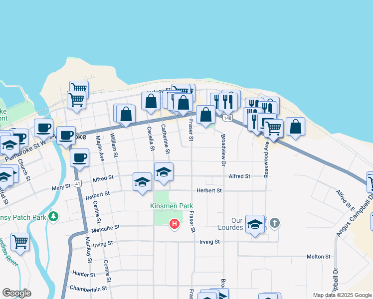 map of restaurants, bars, coffee shops, grocery stores, and more near 460 Wilbert Street in Pembroke