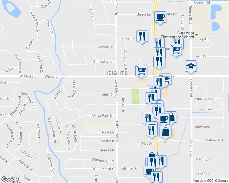 map of restaurants, bars, coffee shops, grocery stores, and more near 1526 Lake Elmo Drive in Billings
