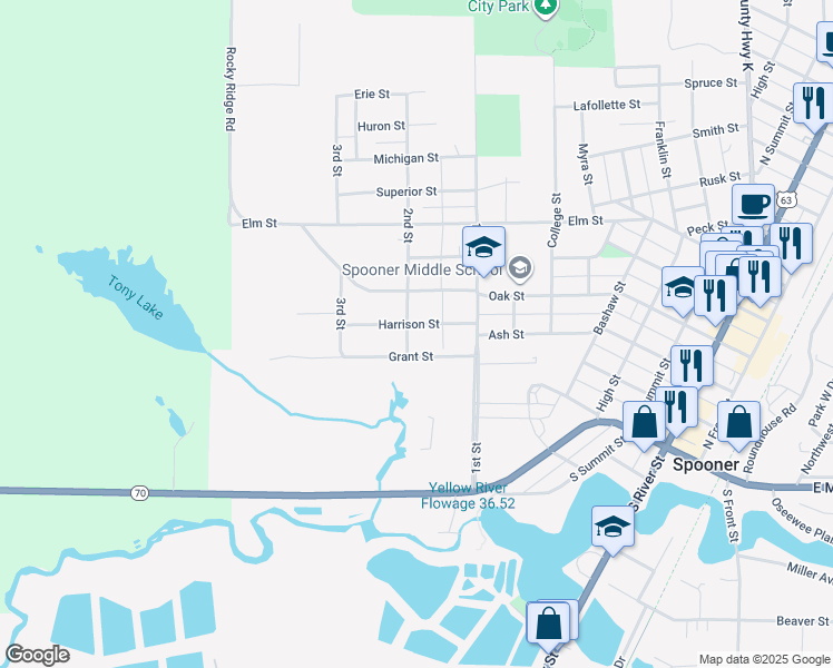 map of restaurants, bars, coffee shops, grocery stores, and more near 1018 Harrison Street in Spooner