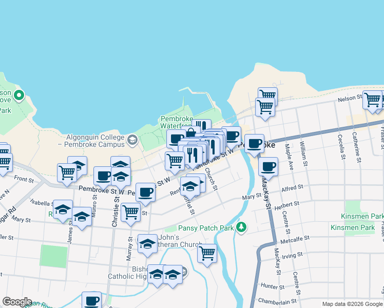 map of restaurants, bars, coffee shops, grocery stores, and more near 175 Prince Street in Pembroke