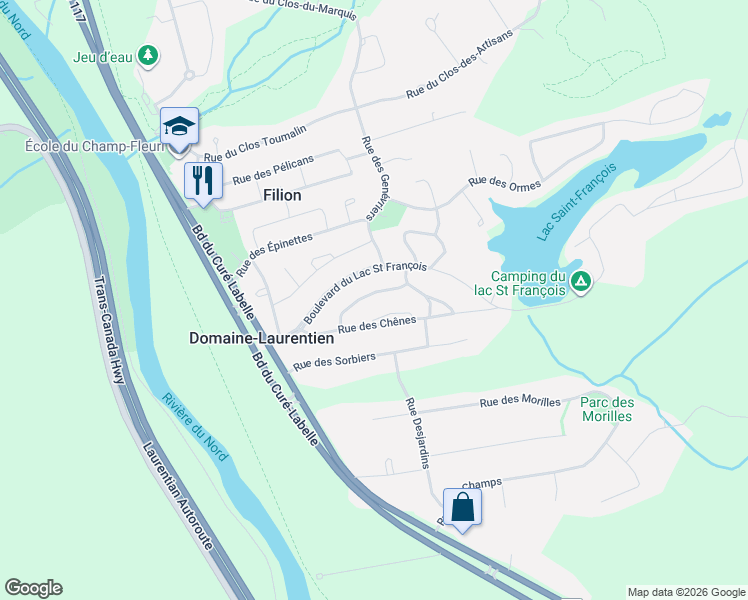 map of restaurants, bars, coffee shops, grocery stores, and more near 1269 Rue des Cyprès in Prévost