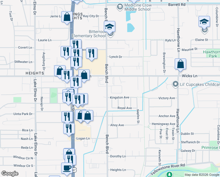 map of restaurants, bars, coffee shops, grocery stores, and more near 1 1525 Bench Boulevard in Billings