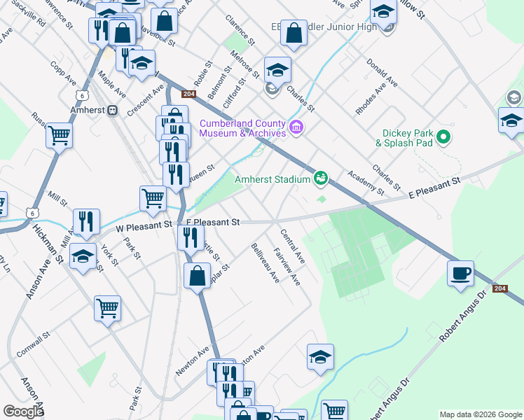 map of restaurants, bars, coffee shops, grocery stores, and more near 55 Croft Street in Amherst