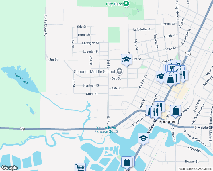 map of restaurants, bars, coffee shops, grocery stores, and more near 922 Harrison Street in Spooner