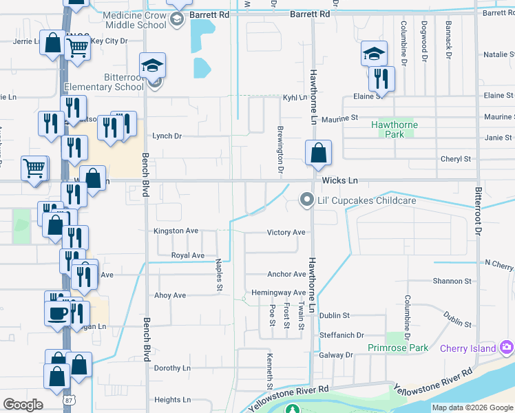 map of restaurants, bars, coffee shops, grocery stores, and more near 1043 Wiloma Drive in Billings