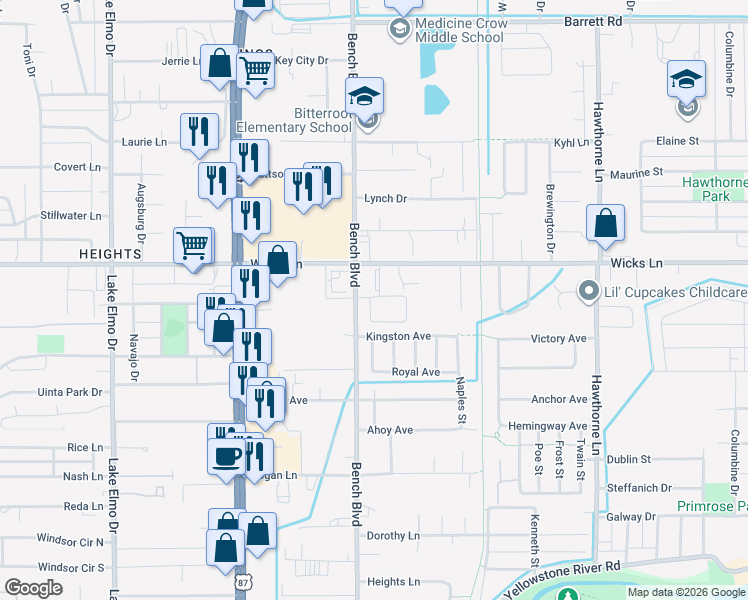 map of restaurants, bars, coffee shops, grocery stores, and more near 1 1525 Bench Boulevard in Billings