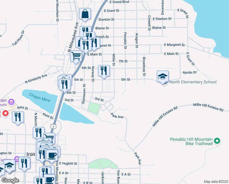 map of restaurants, bars, coffee shops, grocery stores, and more near 400 Millie Street in Iron Mountain