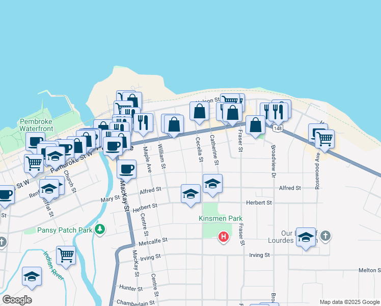 map of restaurants, bars, coffee shops, grocery stores, and more near 338 Supple Street in Pembroke