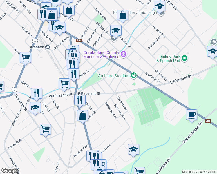 map of restaurants, bars, coffee shops, grocery stores, and more near 55 Croft Street in Amherst