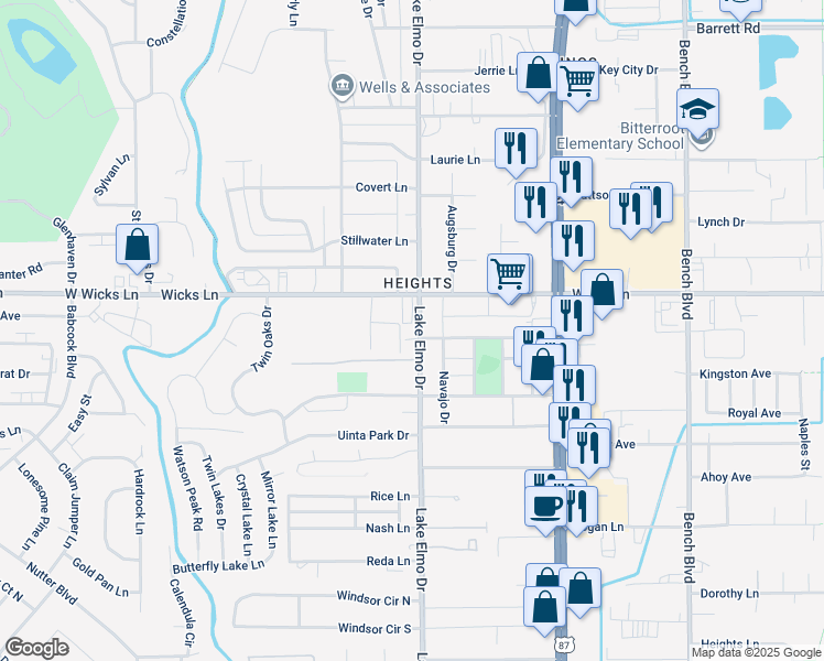 map of restaurants, bars, coffee shops, grocery stores, and more near 1526 Lake Elmo Drive in Billings