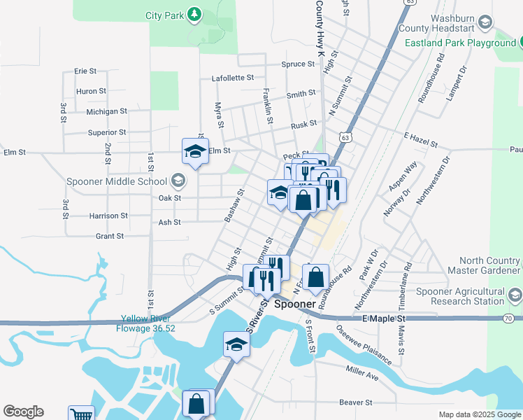 map of restaurants, bars, coffee shops, grocery stores, and more near 320 High Street in Spooner