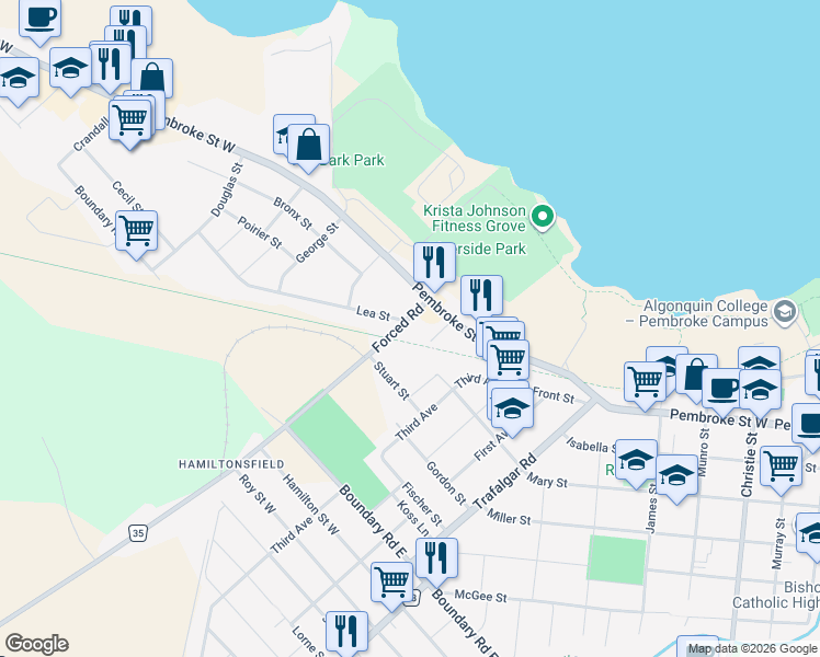 map of restaurants, bars, coffee shops, grocery stores, and more near in Pembroke