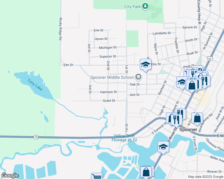 map of restaurants, bars, coffee shops, grocery stores, and more near 1018 Harrison Street in Spooner