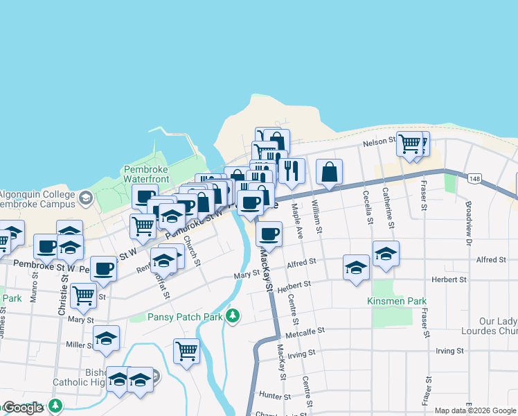 map of restaurants, bars, coffee shops, grocery stores, and more near 162 Pembroke Street East in Pembroke