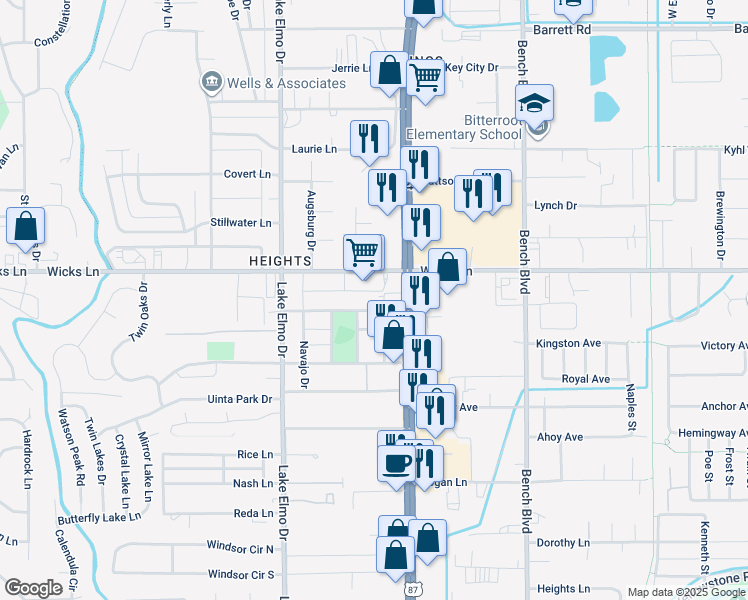 map of restaurants, bars, coffee shops, grocery stores, and more near 523 Crow Lane in Billings