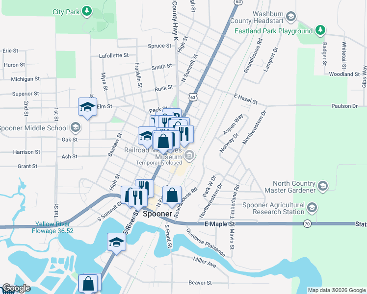 map of restaurants, bars, coffee shops, grocery stores, and more near 106 Walnut Street in Spooner