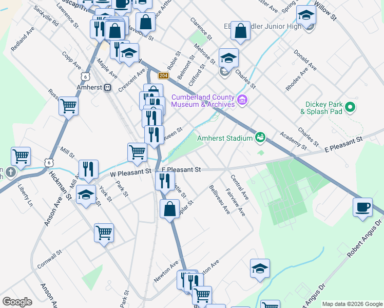 map of restaurants, bars, coffee shops, grocery stores, and more near 27 Beacon Street in Amherst