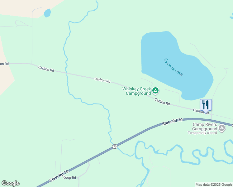 map of restaurants, bars, coffee shops, grocery stores, and more near W8165 Carlton Road in Spooner