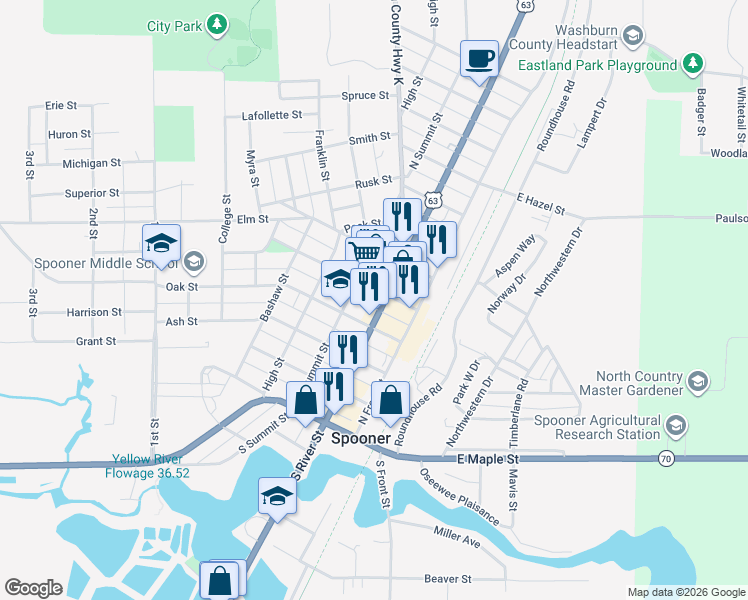 map of restaurants, bars, coffee shops, grocery stores, and more near 205 Walnut Street in Spooner