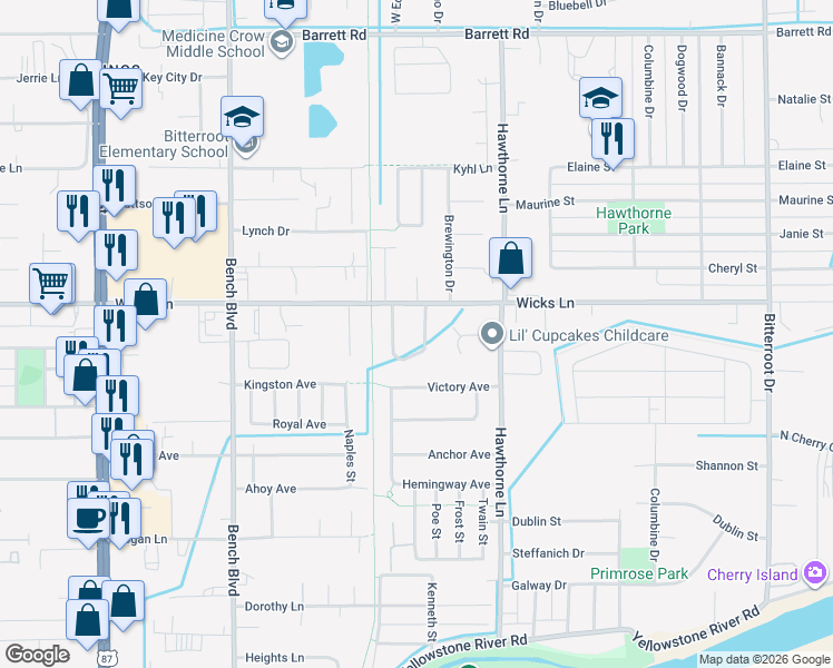 map of restaurants, bars, coffee shops, grocery stores, and more near 1043 Wiloma Drive in Billings