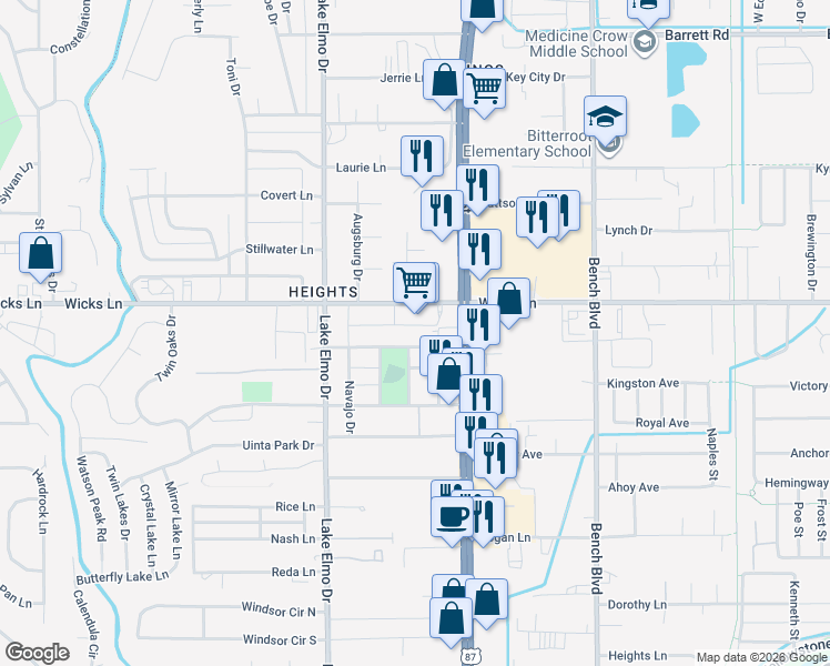 map of restaurants, bars, coffee shops, grocery stores, and more near 523 Crow Lane in Billings