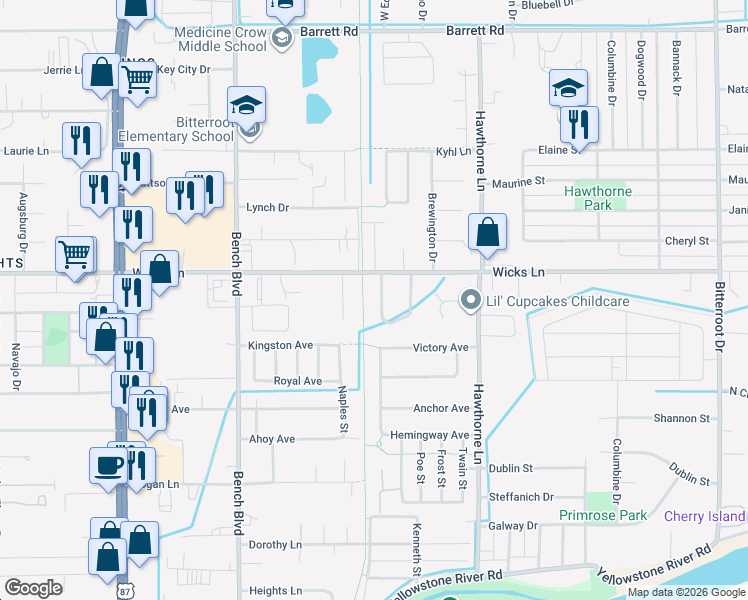map of restaurants, bars, coffee shops, grocery stores, and more near 1016 Wiloma Drive in Billings
