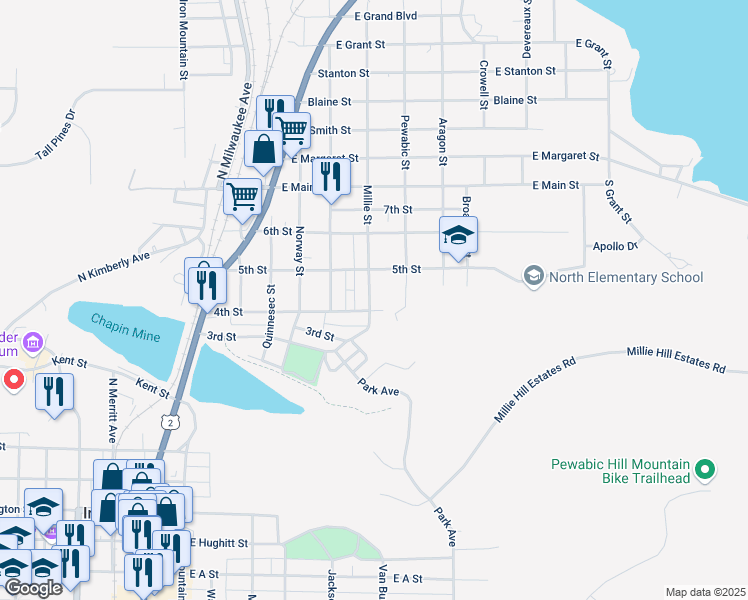 map of restaurants, bars, coffee shops, grocery stores, and more near 400-422 Millie Street in Iron Mountain