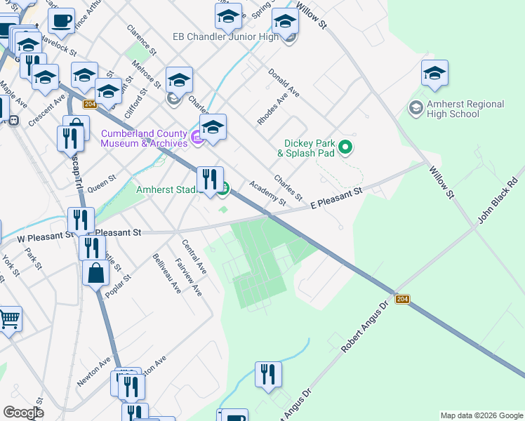 map of restaurants, bars, coffee shops, grocery stores, and more near Church Street in Amherst
