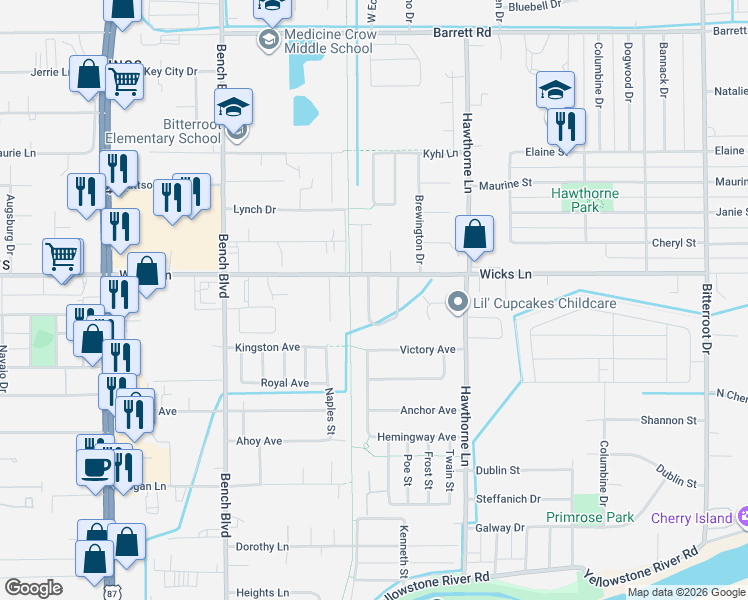 map of restaurants, bars, coffee shops, grocery stores, and more near 1043 Wiloma Drive in Billings