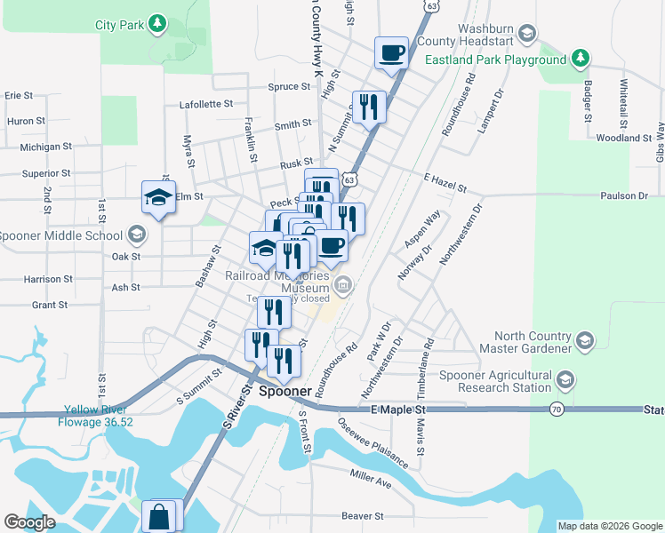 map of restaurants, bars, coffee shops, grocery stores, and more near 106 Walnut Street in Spooner