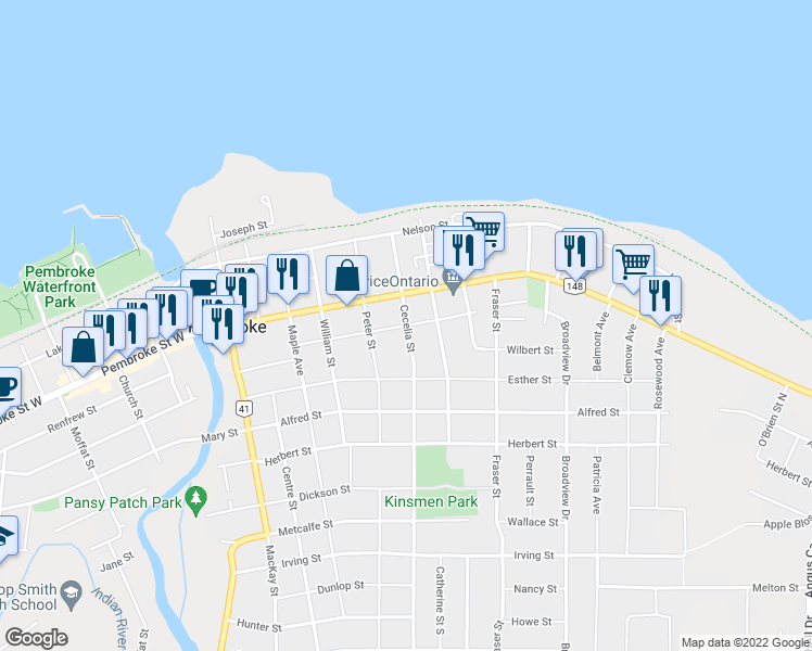 map of restaurants, bars, coffee shops, grocery stores, and more near 357 Supple Street in Pembroke