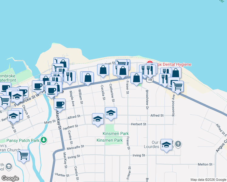 map of restaurants, bars, coffee shops, grocery stores, and more near 243 Catherine Street in Pembroke