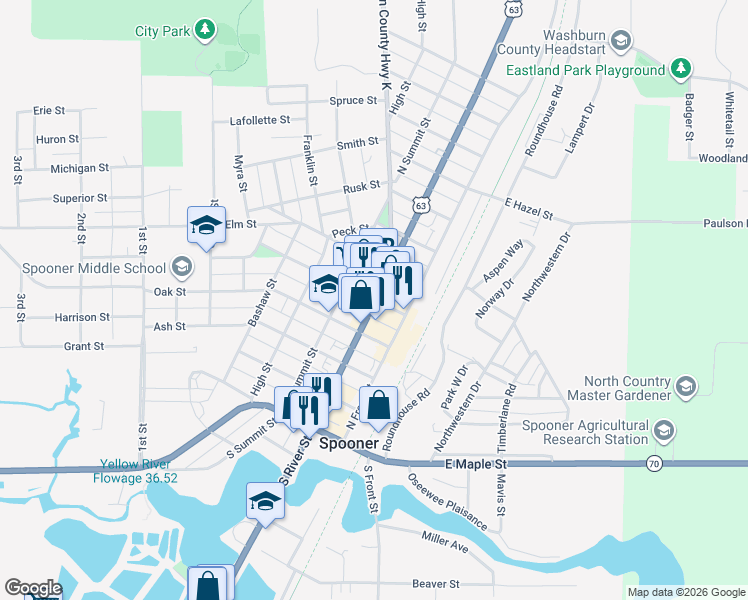 map of restaurants, bars, coffee shops, grocery stores, and more near 205 Walnut Street in Spooner