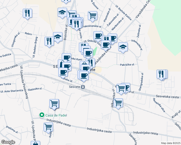 map of restaurants, bars, coffee shops, grocery stores, and more near 8 Bjelovarska ulica in Sesvete