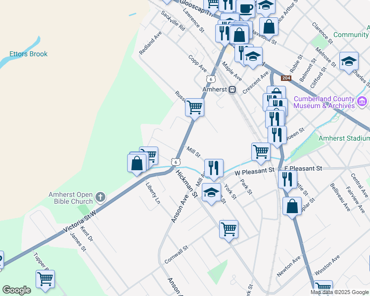map of restaurants, bars, coffee shops, grocery stores, and more near 50 Victoria Street West in Amherst