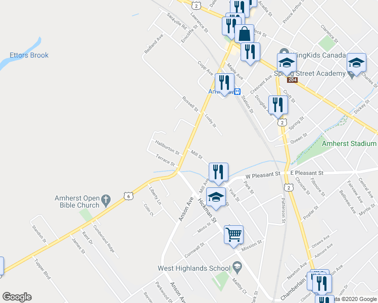 map of restaurants, bars, coffee shops, grocery stores, and more near 50 Victoria Street West in Amherst