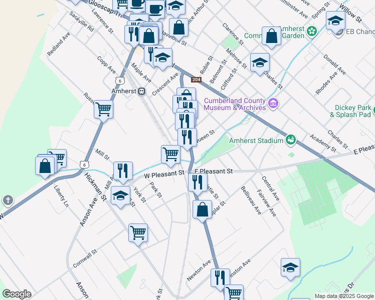 map of restaurants, bars, coffee shops, grocery stores, and more near 65 Albion Street in Amherst