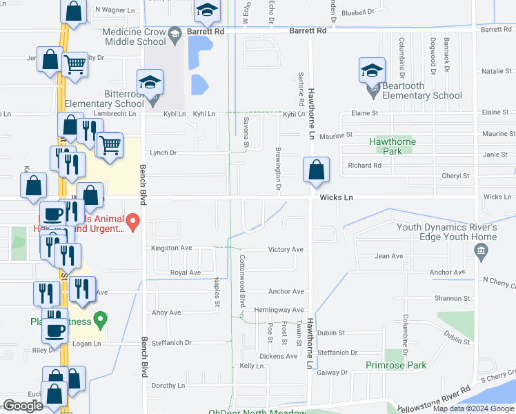 map of restaurants, bars, coffee shops, grocery stores, and more near 1061 Wiloma Drive in Billings