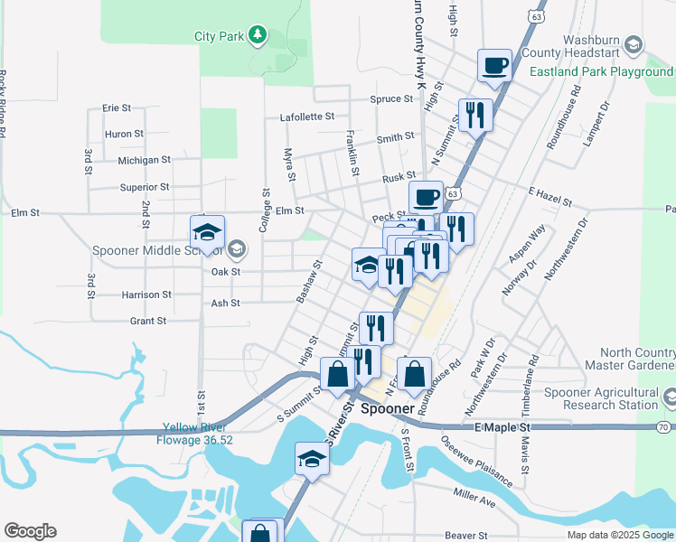 map of restaurants, bars, coffee shops, grocery stores, and more near 320 High Street in Spooner