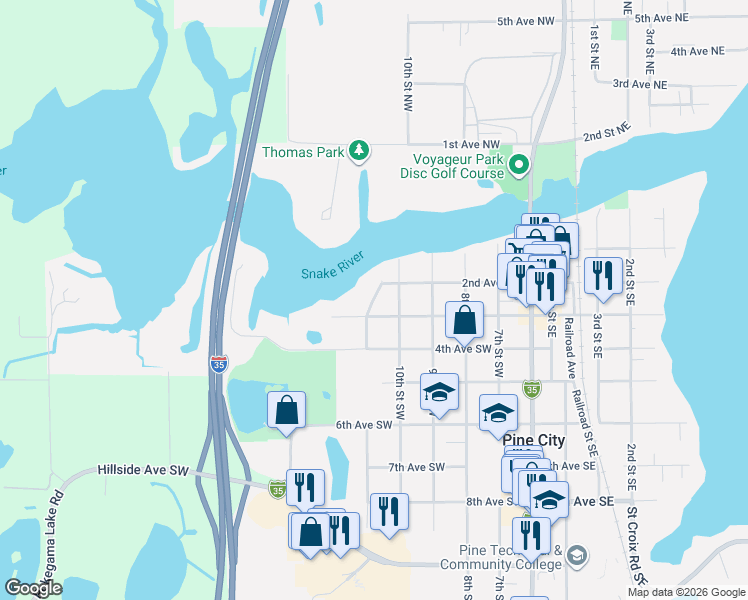 map of restaurants, bars, coffee shops, grocery stores, and more near 1020 3rd Avenue Southwest in Pine City