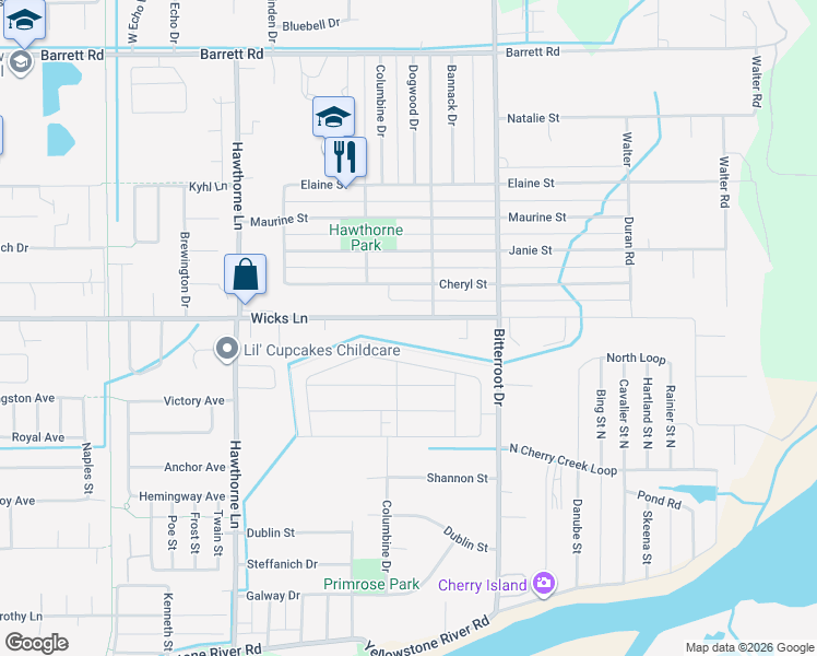 map of restaurants, bars, coffee shops, grocery stores, and more near 1430 Wicks Lane in Billings