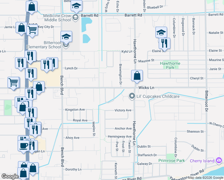 map of restaurants, bars, coffee shops, grocery stores, and more near 1043 Wiloma Drive in Billings