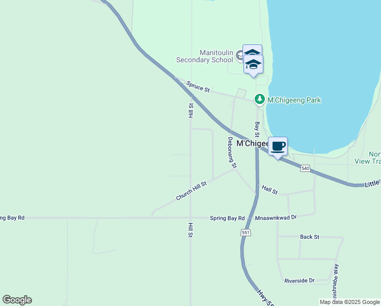 map of restaurants, bars, coffee shops, grocery stores, and more near Hill Street in M'Chigeeng