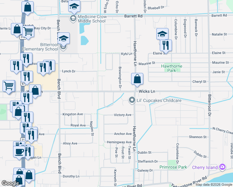 map of restaurants, bars, coffee shops, grocery stores, and more near 1068 Wiloma Drive in Billings
