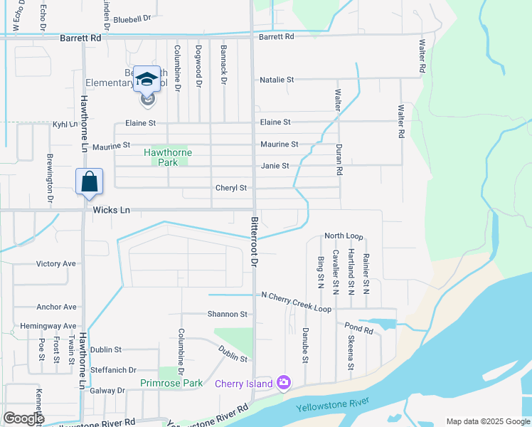 map of restaurants, bars, coffee shops, grocery stores, and more near 1614 Wicks Lane in Billings