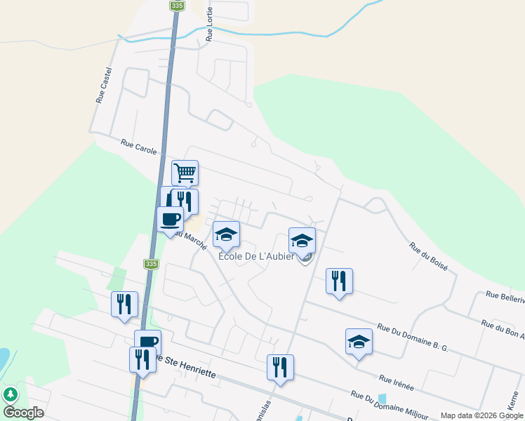 map of restaurants, bars, coffee shops, grocery stores, and more near Rue des Cépages in Saint-Lin-Laurentides